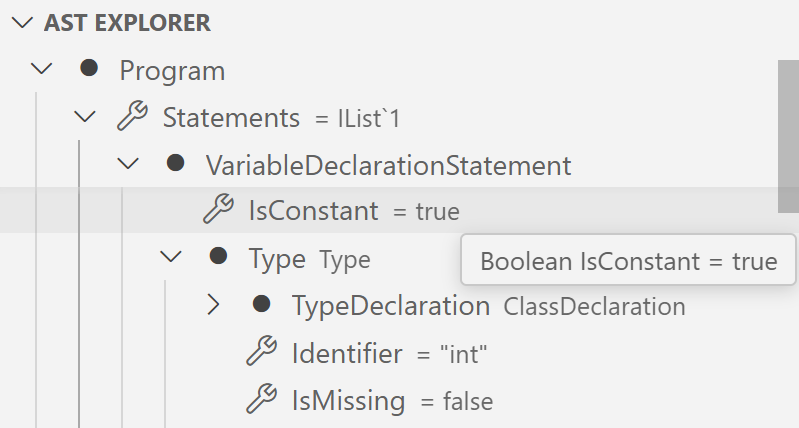 screenshot of a DTG-generated AST explorer view inside VSCode