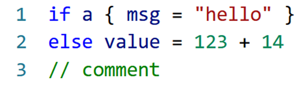 code conforming to the example grammar, with syntax highlighting from the TextMate grammar generated by DTG