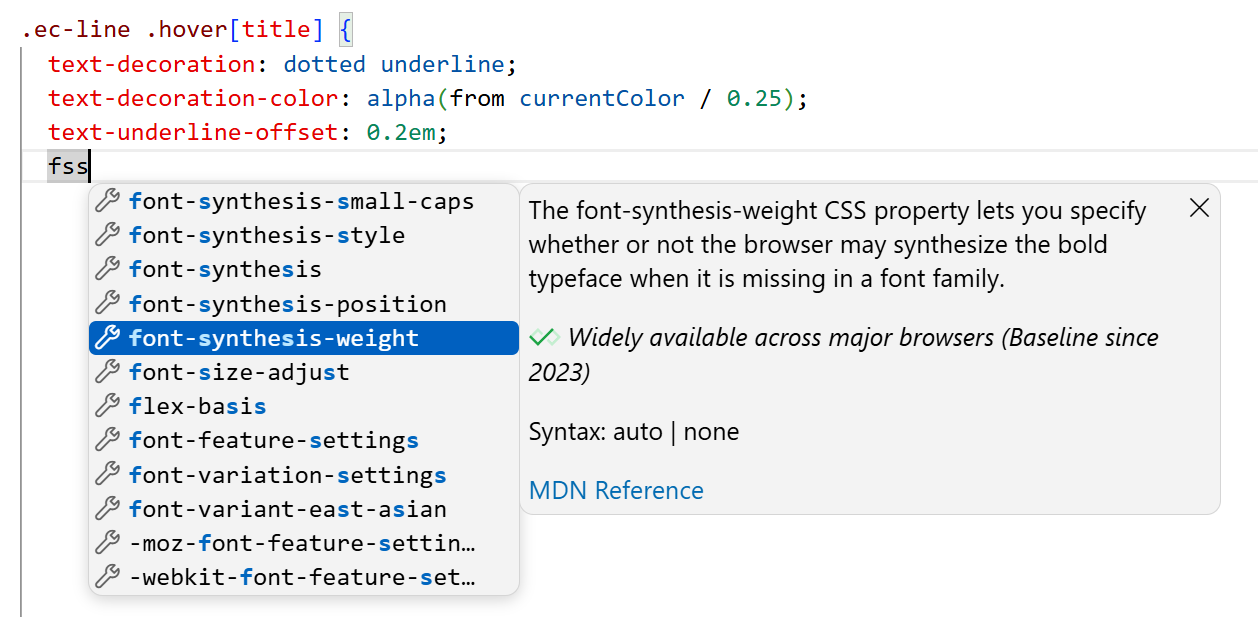 screenshot of a VSCode code completion dropdown shown when writing a CSS property name